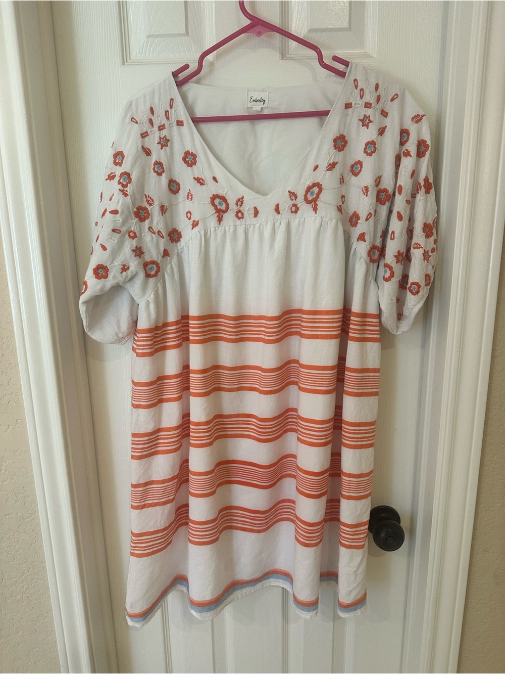 Embroidered Orange Stripe Mini Dress